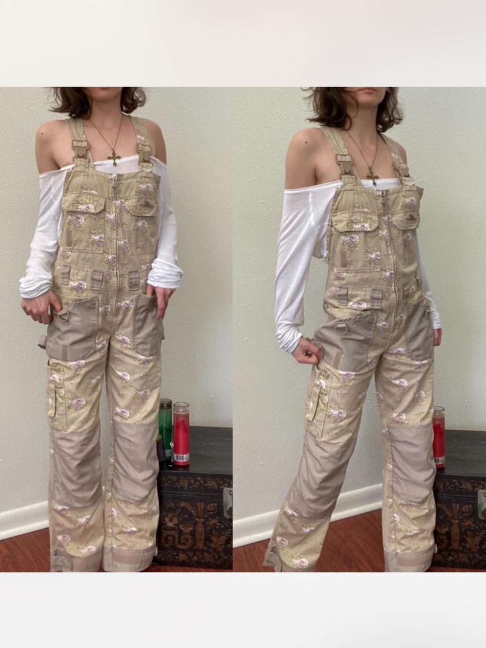 Garden Girl Tan Polka Dot Floral Gardening Utility Overalls 4 Cottagecore